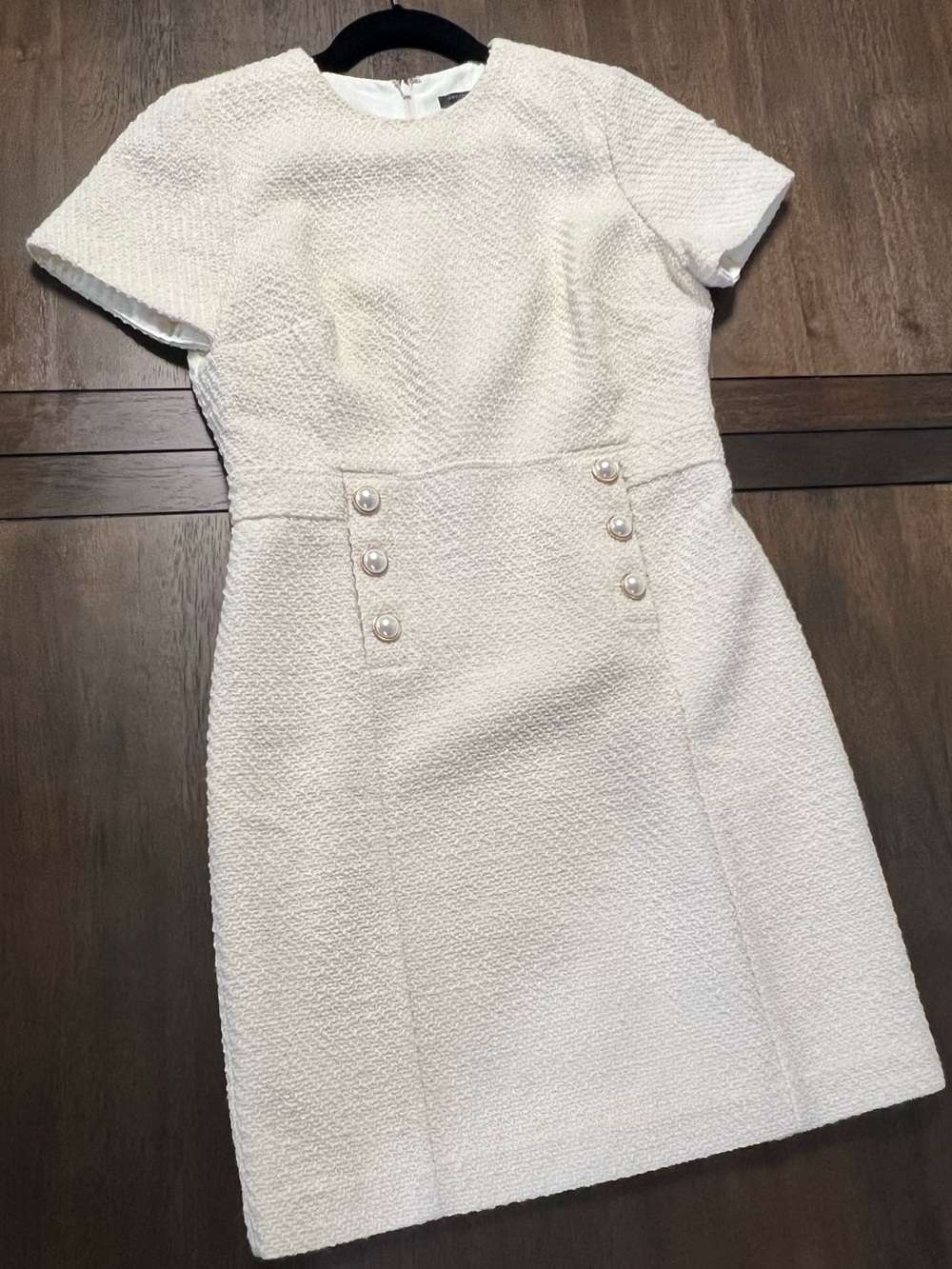 Ann Taylor Cream Textured Short Sleeve Shift Dress with Pearl Buttons